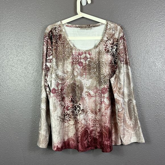 Chico's Tops - Chico's Zenergy Top Size 3 Long Sleeve Lace Print Tunic Brown Red